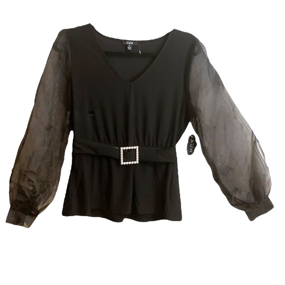 AUW Tops - AUW Dressy Blouse Women's Size M Black Sheer Long Sleeves Gold Pearl Belt